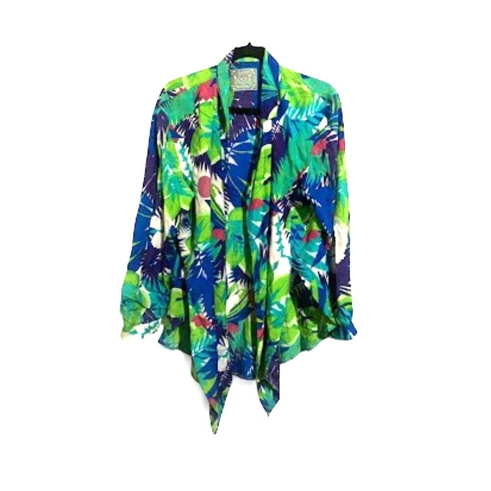 Lulu Made in Italy Tropical Floral Open Front Cardigan Top Blue Green Sz L Used